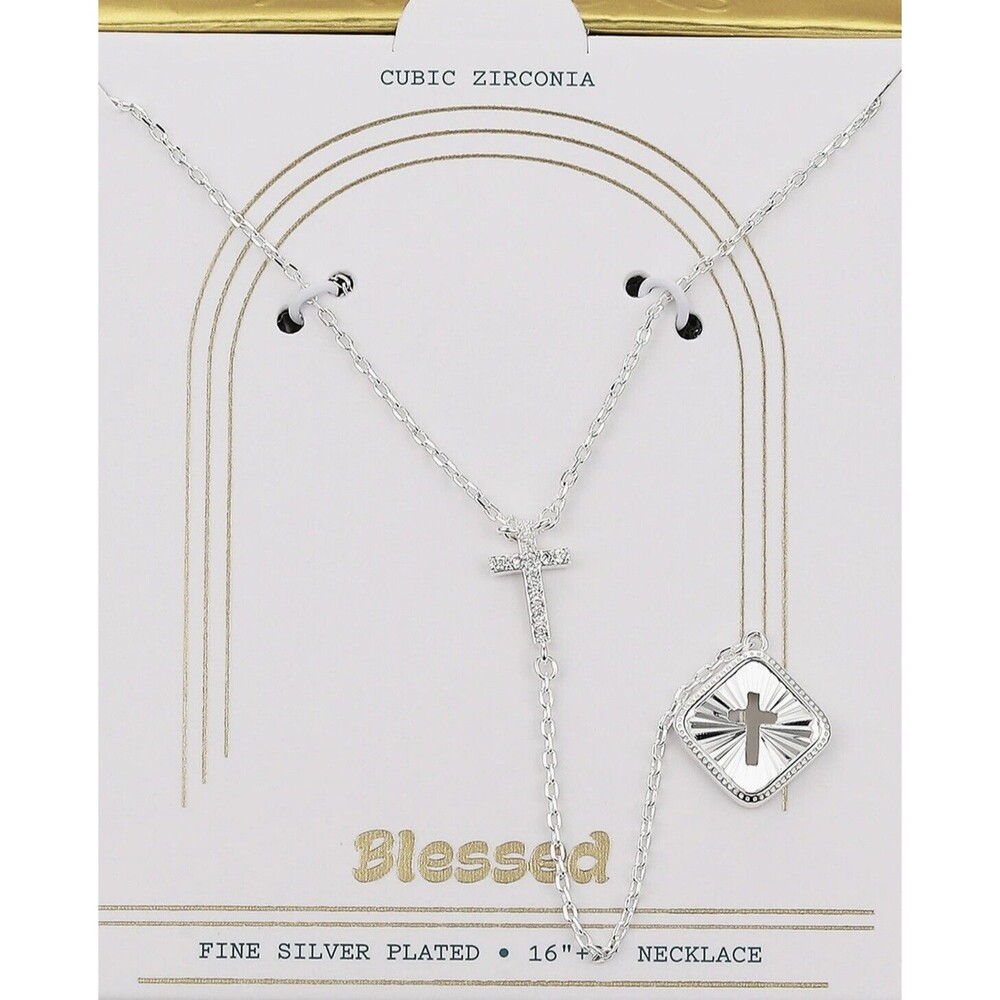 LA Rocks Cross Cubic Zirconia Pendant Y-Necklace Silver Tone Plate 16” New in BX - Picture 2 of 6